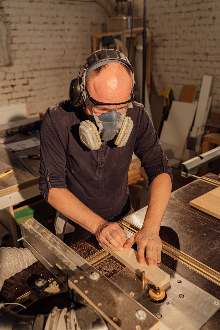 A skilled craftsman uses a table saw in a woodworking workshop, wearing safety gear.